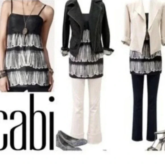 CABI Silk Dazzle Cami Blouse Style # 729 Faux Lace Tiers Size 6 Going Out Top - Picture 2 of 13